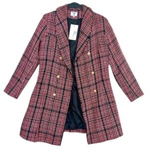PLM Tweed Pearl Gold Buttons Double Breasted Long Winter Coat Jacket
